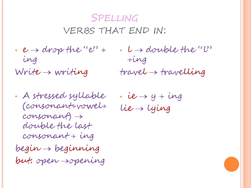 Spelling verbs that end in: l  double the “l” +ing travel  travelling